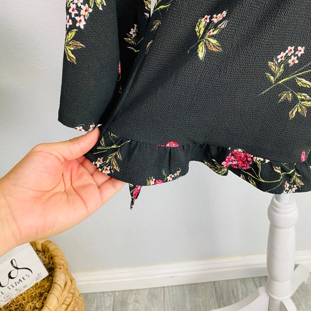 BLACK FLORAL LONG BELL SLEEVE SHORT RUFFLE ROMPER - Picture 5 of 8